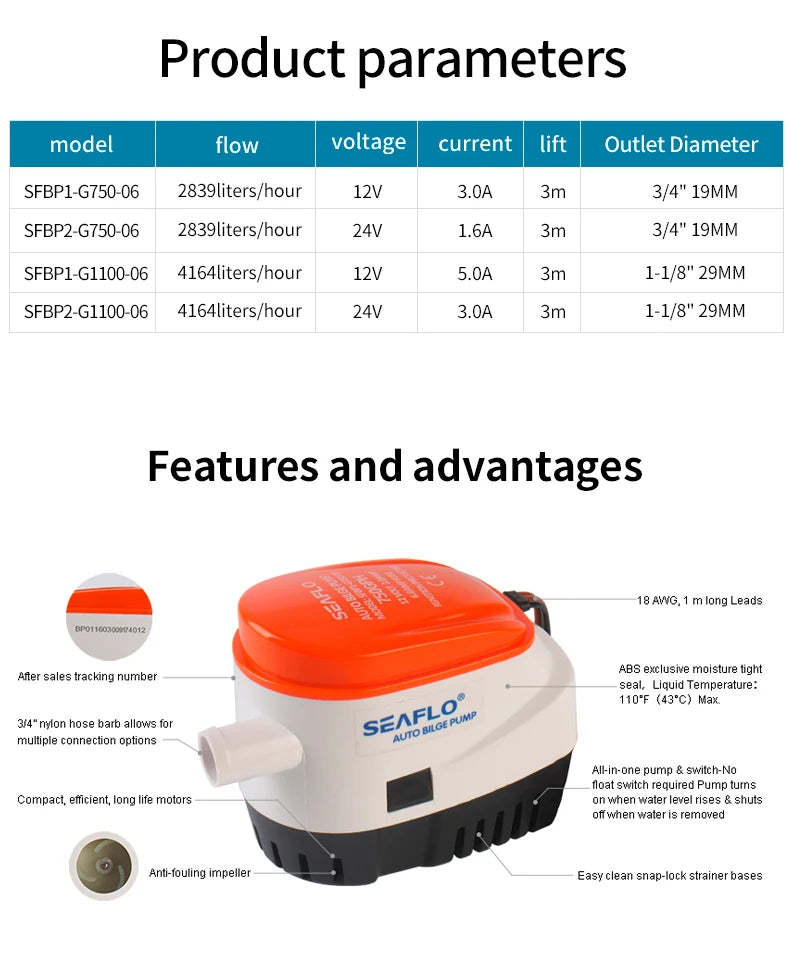 12V/24V Marine Bilge Pump DC Submersible Water Pump