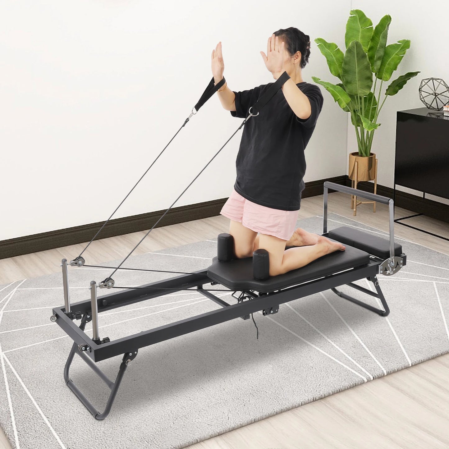 Foldable Steel Pilates Reformer Machine – Black/Grey Home Fitness Equipment
