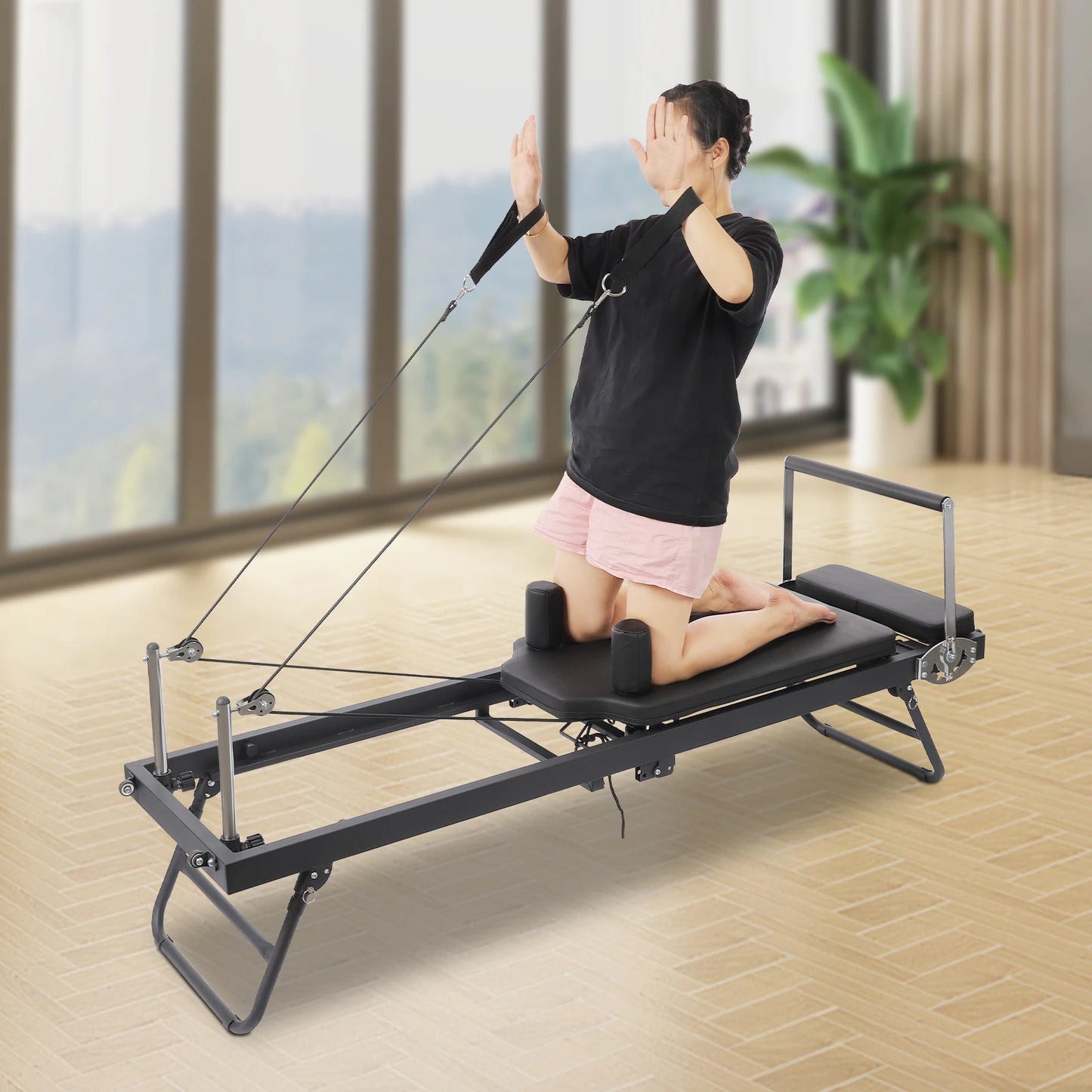 Foldable Steel Pilates Reformer Machine – Black/Grey Home Fitness Equipment
