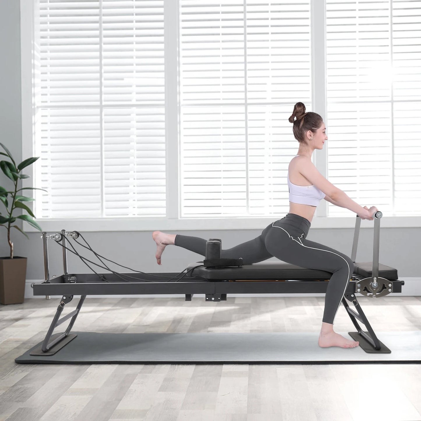 Foldable Steel Pilates Reformer Machine – Black/Grey Home Fitness Equipment