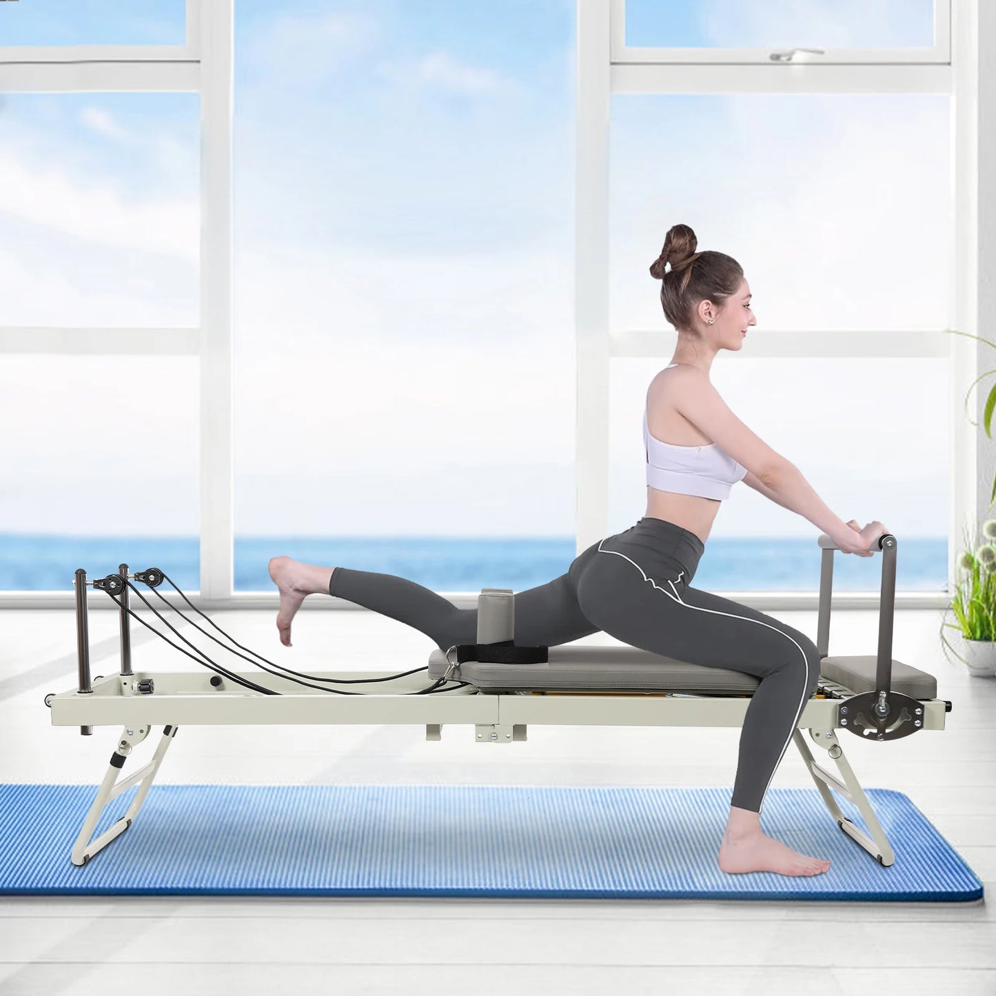 Foldable Steel Pilates Reformer Machine – Black/Grey Home Fitness Equipment
